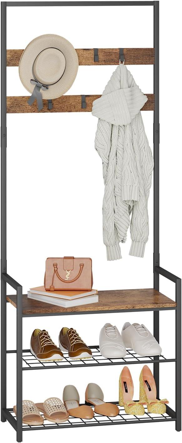 HOMEKOKO Coat Rack Shoe Bench, Hall Tree Entryway Storage Bench, Wood Look Accent Furniture with Metal Frame, 3-in-1 Design