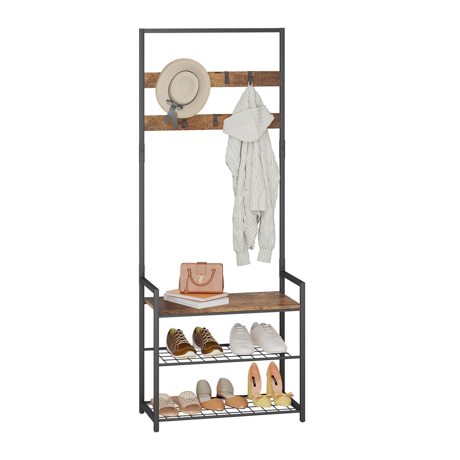 HOMEKOKO Coat Rack Shoe Bench, Hall Tree Entryway Storage Bench, Wood Look Accent Furniture with Metal Frame, 3-in-1 Design