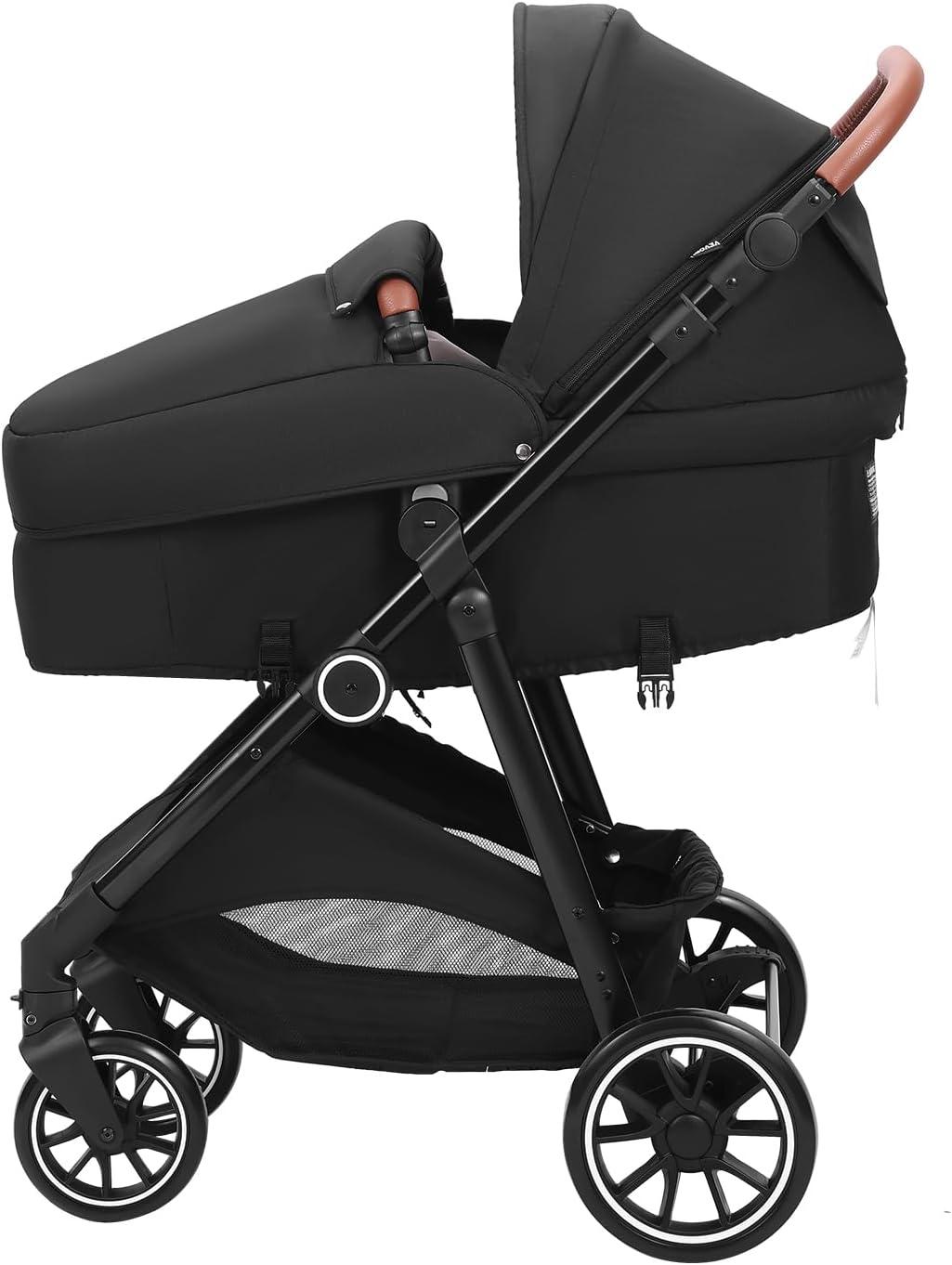 VEVOR Standard Baby Stroller, Infant Toddler Stroller with Bassinet, 3rd-Gear Adjustable Backrest & Foldable & Reversible Seat, Carbon Steel Newborn Stroller with Leg Cover and Mesh Net, Black