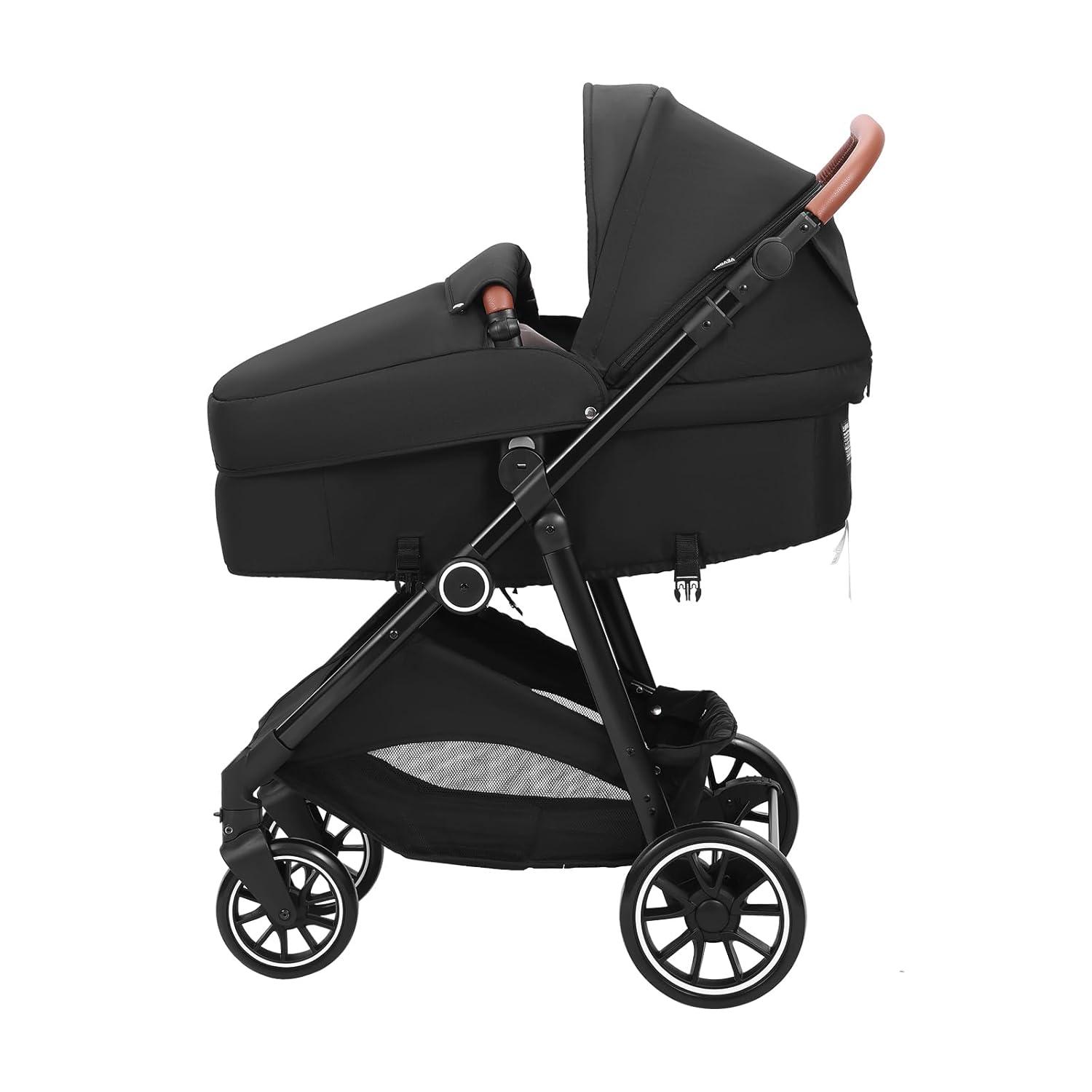 VEVOR Standard Baby Stroller, Infant Toddler Stroller with Bassinet, 3rd-Gear Adjustable Backrest & Foldable & Reversible Seat, Carbon Steel Newborn Stroller with Leg Cover and Mesh Net, Black
