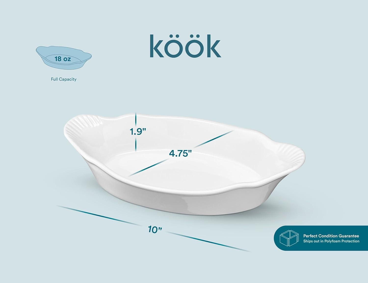 Kook Ceramic Au Gratin Baking Dishes, Set of 6, 18 oz, White 10 in