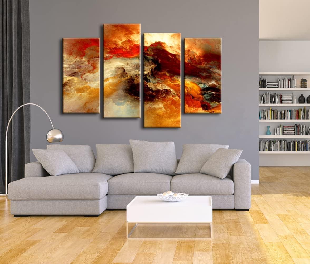 Pyradecor Large Canvas Prints Wall Art Colorful Clouds Landscape Pictures Paintings for Living Room Bedroom Home Decorations 4 Piece Modern Orange Abstract Stretched Artwork
