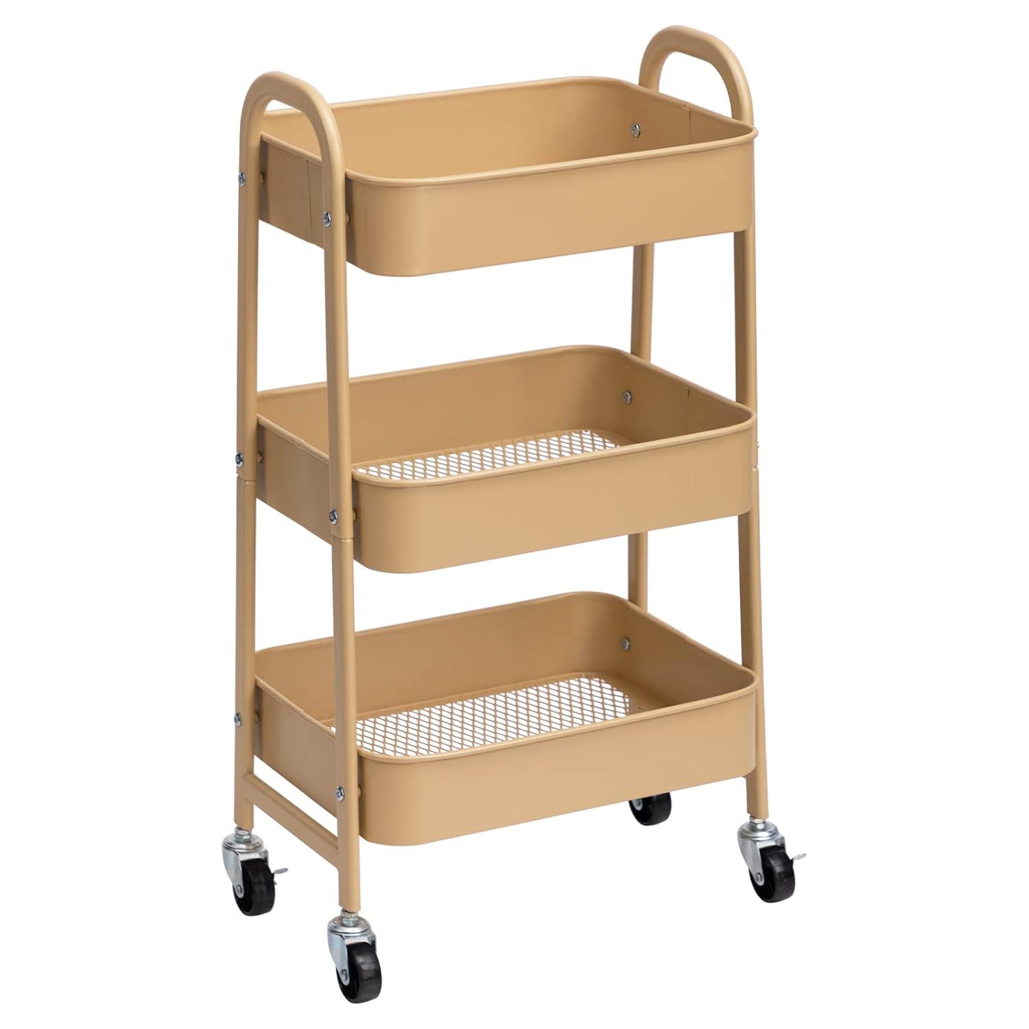 ZUNMOS 3 Tier Utility Rolling Cart, Metal Mobile Storage Cart with Lockable Caster Wheels, Storage Shelves Organizer Cart for Livingroom, Bathroom, Kitchen, & Narrow Places, White