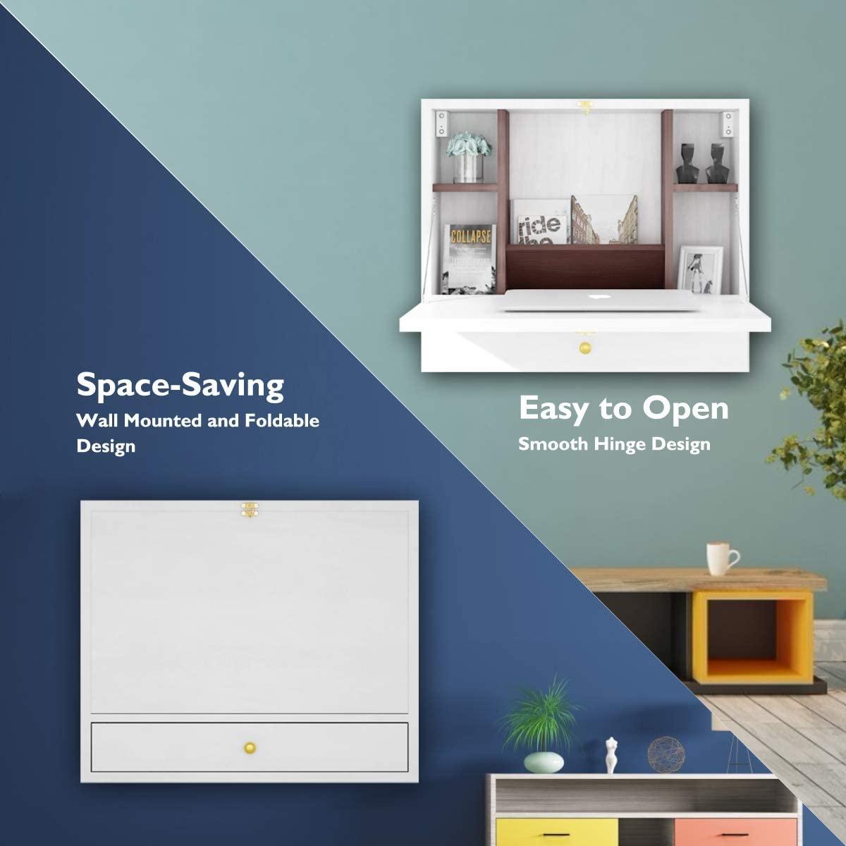 TrendSage Wall Mounted Table, Multifunctional Folding Hanging Storage Cabinet, Space Saving Computer Desk w/Storage Drawer and Shelves, Wall Mount Laptop Desk for Home Office (White)