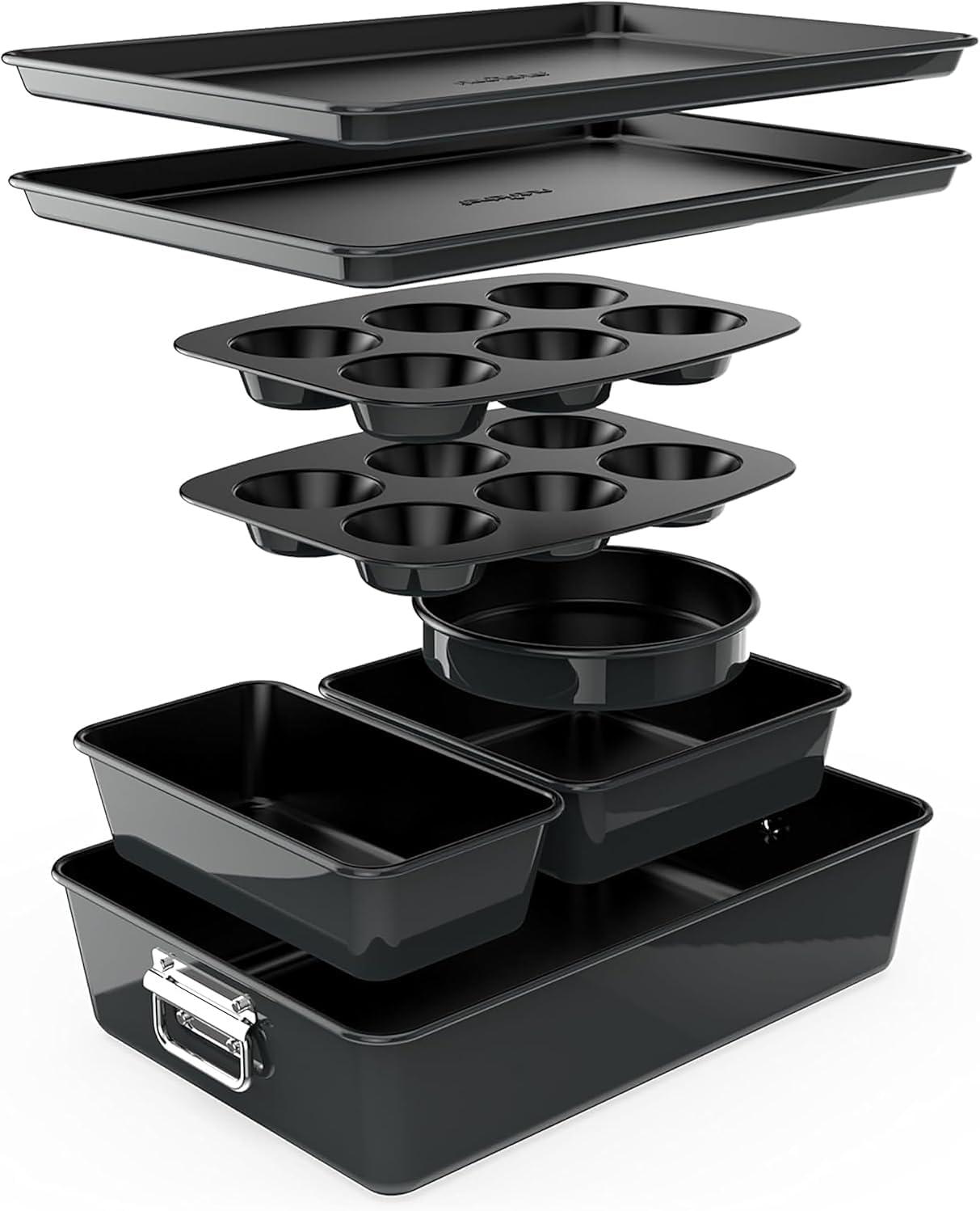 NutriChef 8-Piece Nonstick Stackable Bakeware Set - Pfoa, Pfos, Ptfe Free Baking Tray Set W/ Non-Stick Coating, 450°F Oven Safe, Round Cake, Loaf, Muffin, Wide/Square Pans, Cookie Sheet