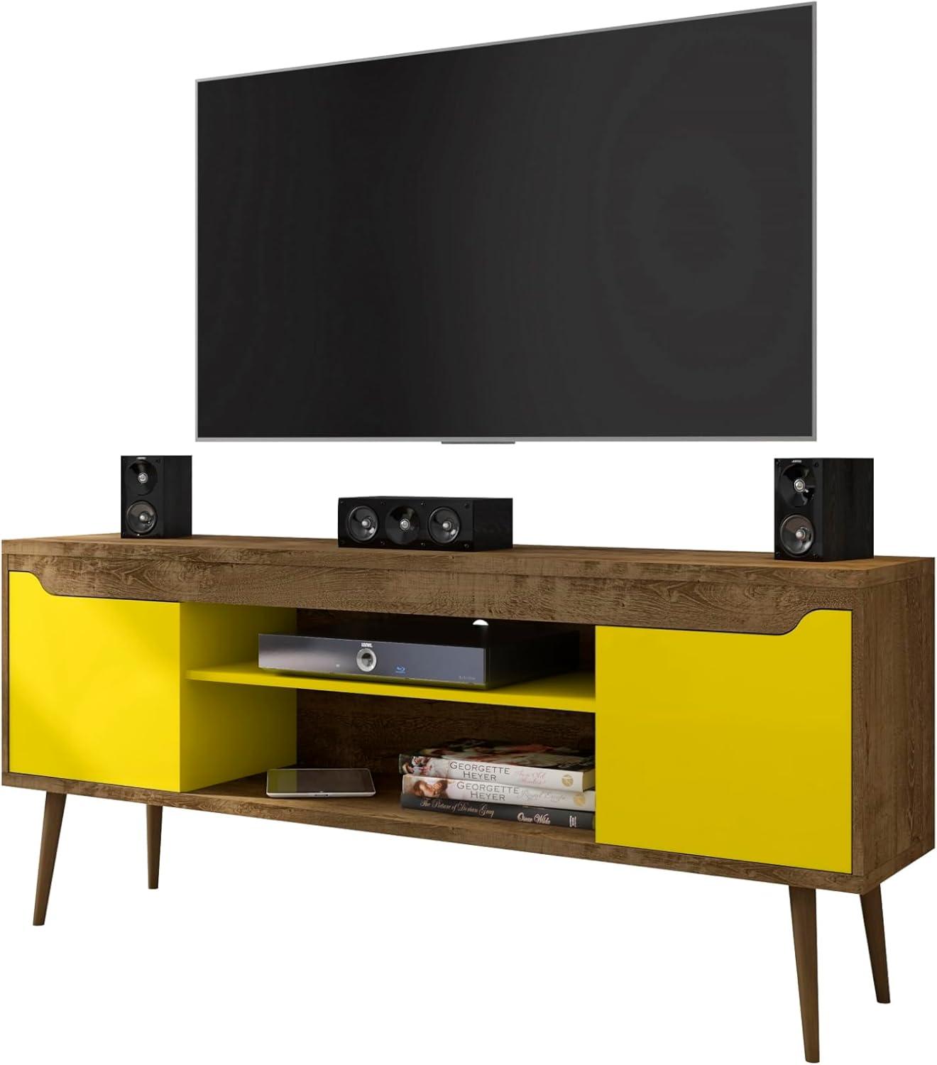 Manhattan Comfort Bradley TV Stand for TVs up to 60" Rustic Brown/Yellow: Mid-Century Modern Media Console with Open Shelves