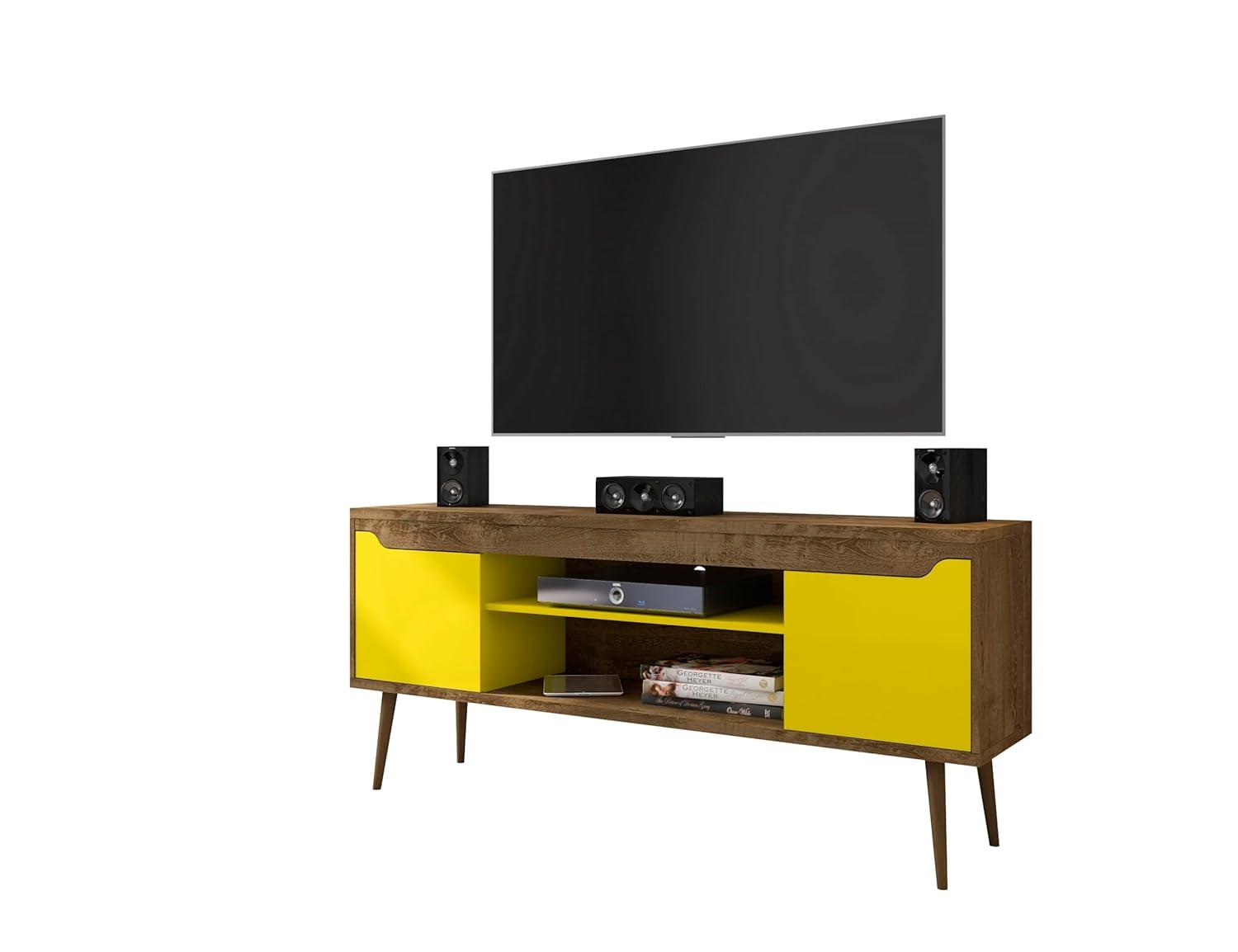 Manhattan Comfort Bradley TV Stand for TVs up to 60" Rustic Brown/Yellow: Mid-Century Modern Media Console with Open Shelves