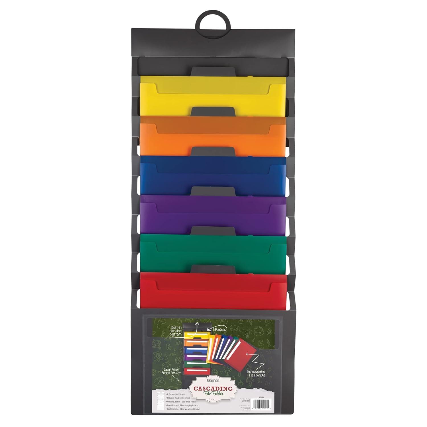 Samsill Cascading Wall File Organizer, Classrom Organization and Storage, 6 Removable Poly Hanging File Folders, Command Center Wall Organizer, Gray with Assorted Color Folders