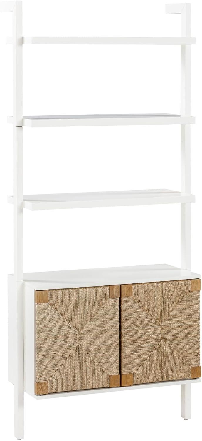 Warm White Solid Wood Bookcase with Adjustable Seagrass Cabinets
