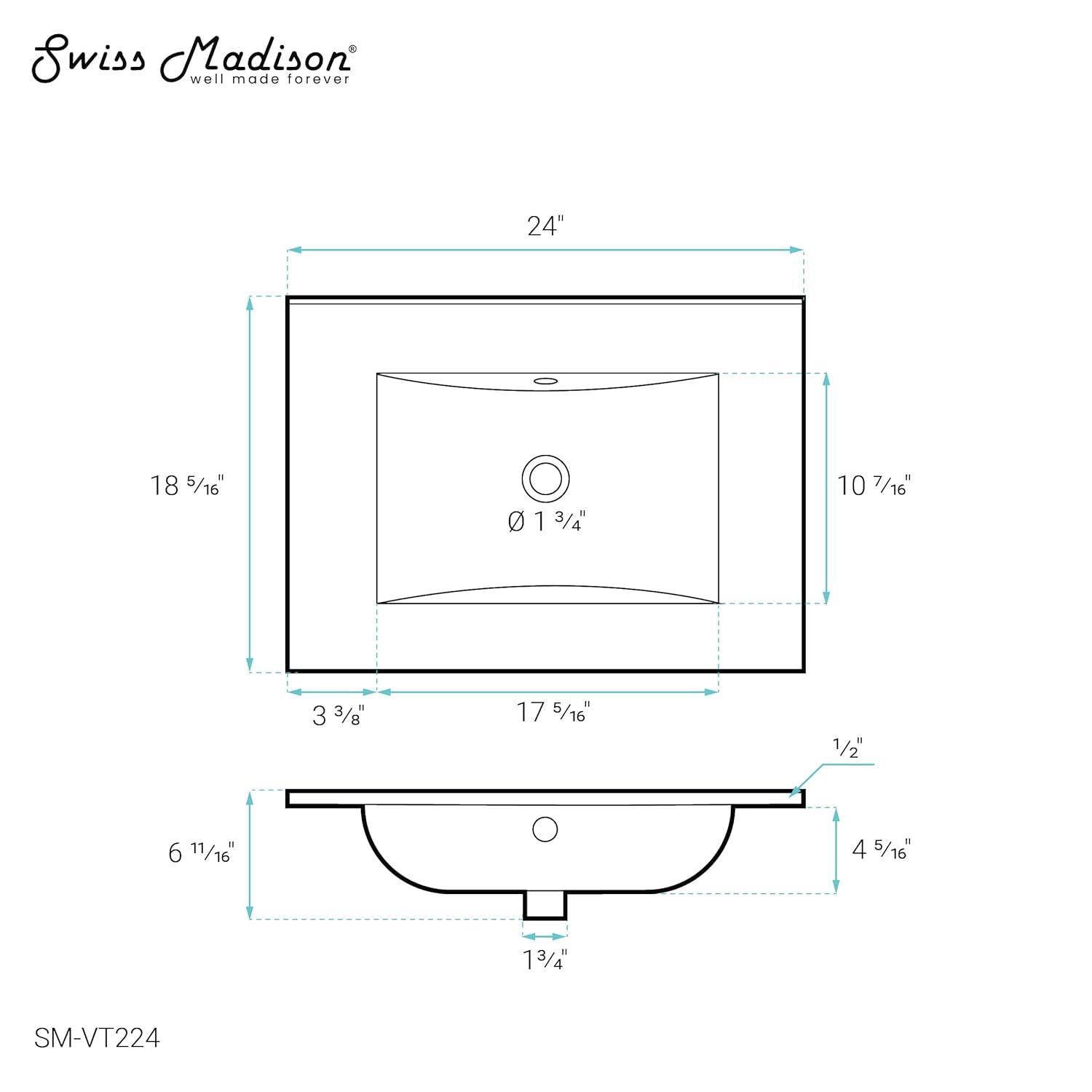 Swiss Madison 18.3 Single Vanity Top with Faucet Holes