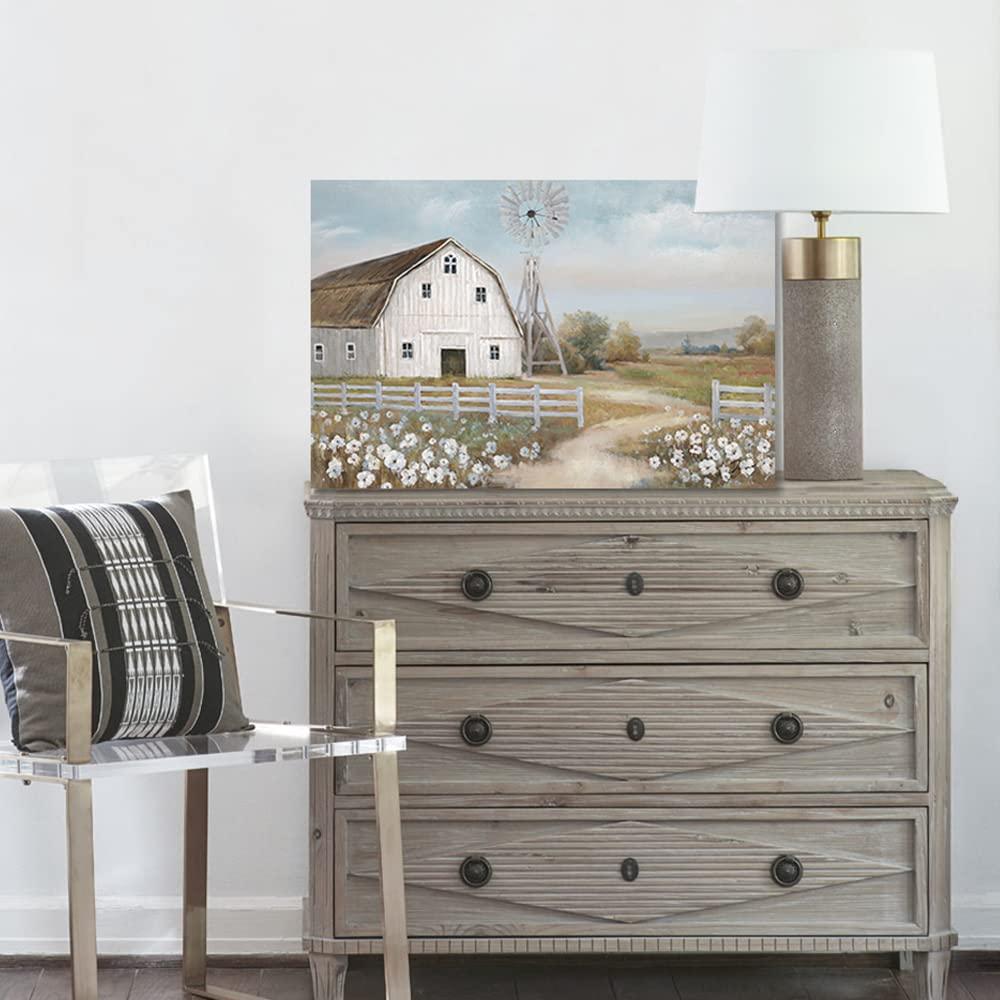 Pictures of Barns Prints Wall Canvas Old Rustic Bedroom Windmill Wall Decor Farmhouse Barn Pictures wall Art Blue sky and White Floral Retro Paintings (24"x 16"x 1panel)