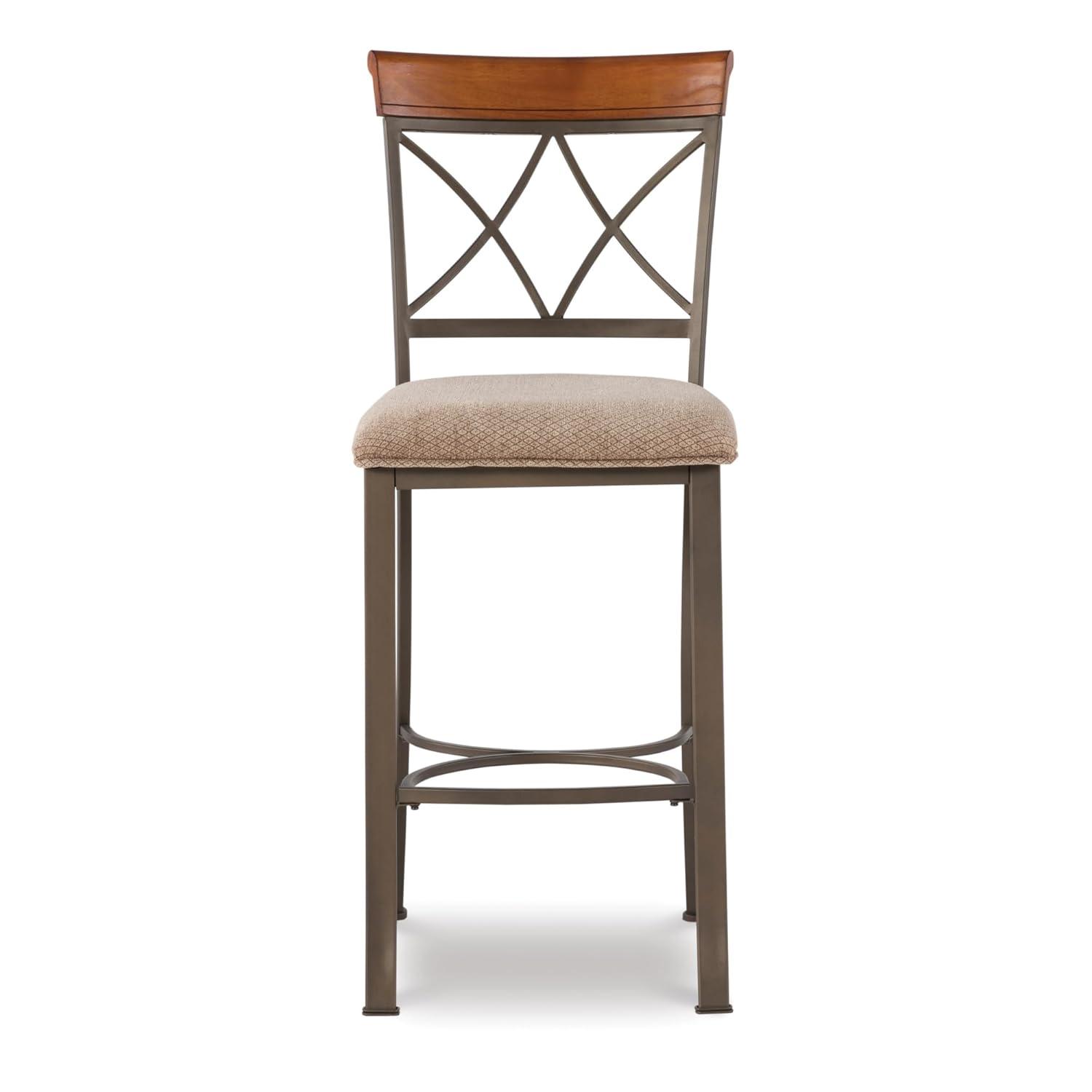 Linon Hamilton Metal Bar Stool Padded Beige Seat Wood Trim in Matte Pewter