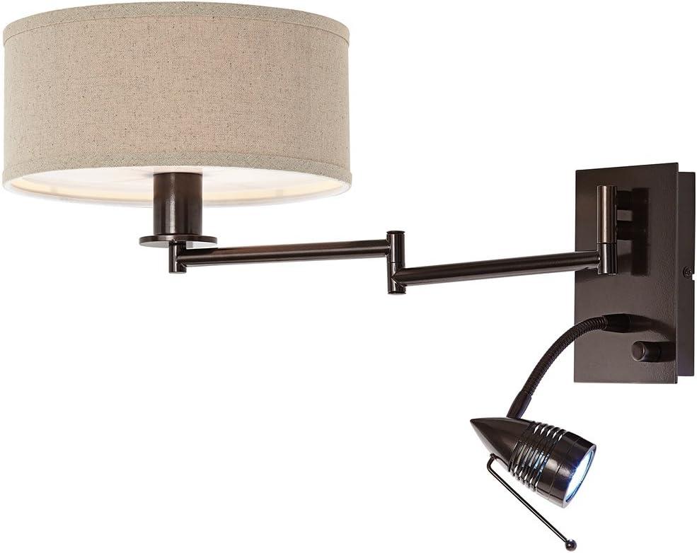Possini Euro Design Radix Modern Swing Arm Wall Lamp Bronze with Cord Cover LED Reading Light Plug-in Light Fixture Oatmeal Shade for Bedroom Bedside