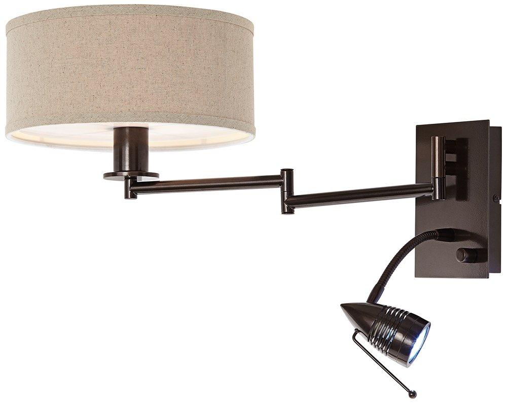 Possini Euro Design Radix Modern Swing Arm Wall Lamp Bronze with Cord Cover LED Reading Light Plug-in Light Fixture Oatmeal Shade for Bedroom Bedside