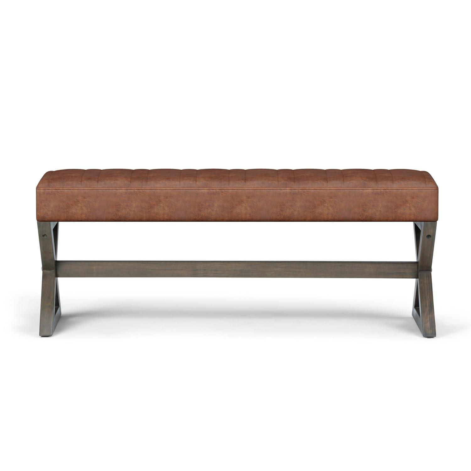 Simpli Home Salinger 48"W Large Ottoman Bench in Distressed Vegan Leather with Solid Wood Frame
