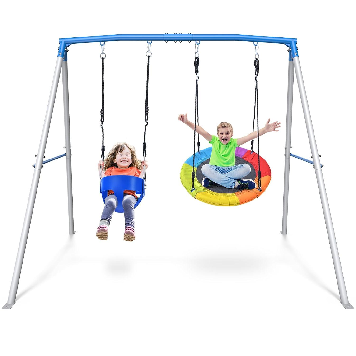 Kids Swing Set, Saucer Swing With Heavy Duty Outdoor A-Frame Metal Swing Stand For Playground Backyard, Style 2
