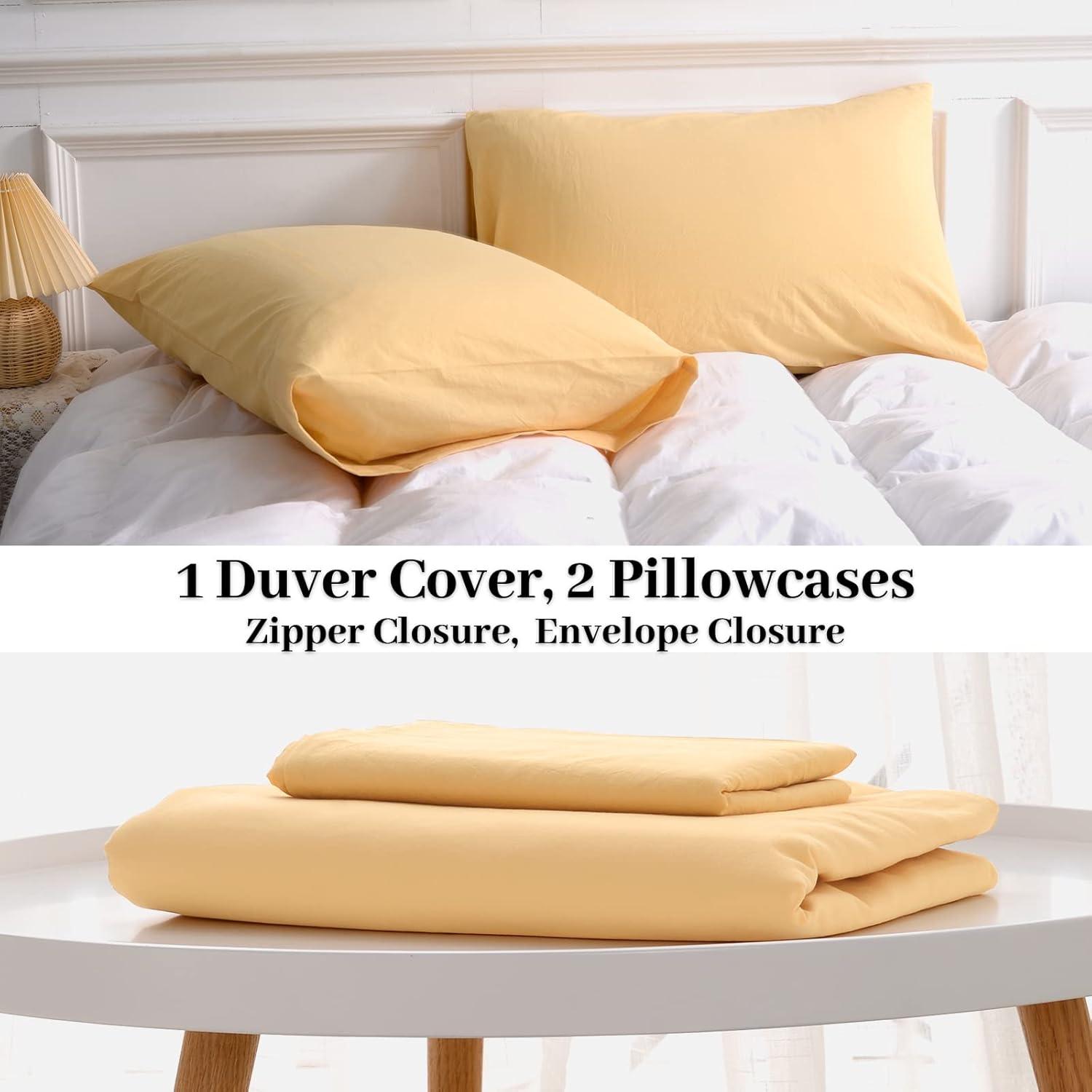 NEXHOME PRO Duvet Cover Set 100% Washed Cotton Oversized Queen 98"x98", Organic Natural Linen Look Textured 3 Pieces Bedding Set Apricot Yellow with Zipper Closure, Breathable, Soft (No Comforter)