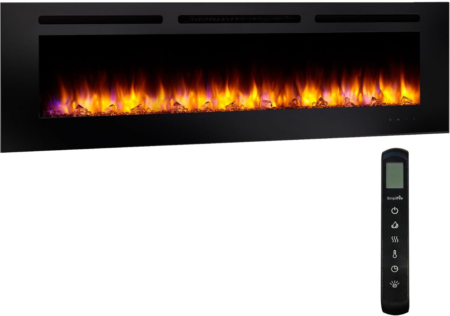 Sleek 60" Black Electric Fireplace with Colorful Ember Bed Lighting