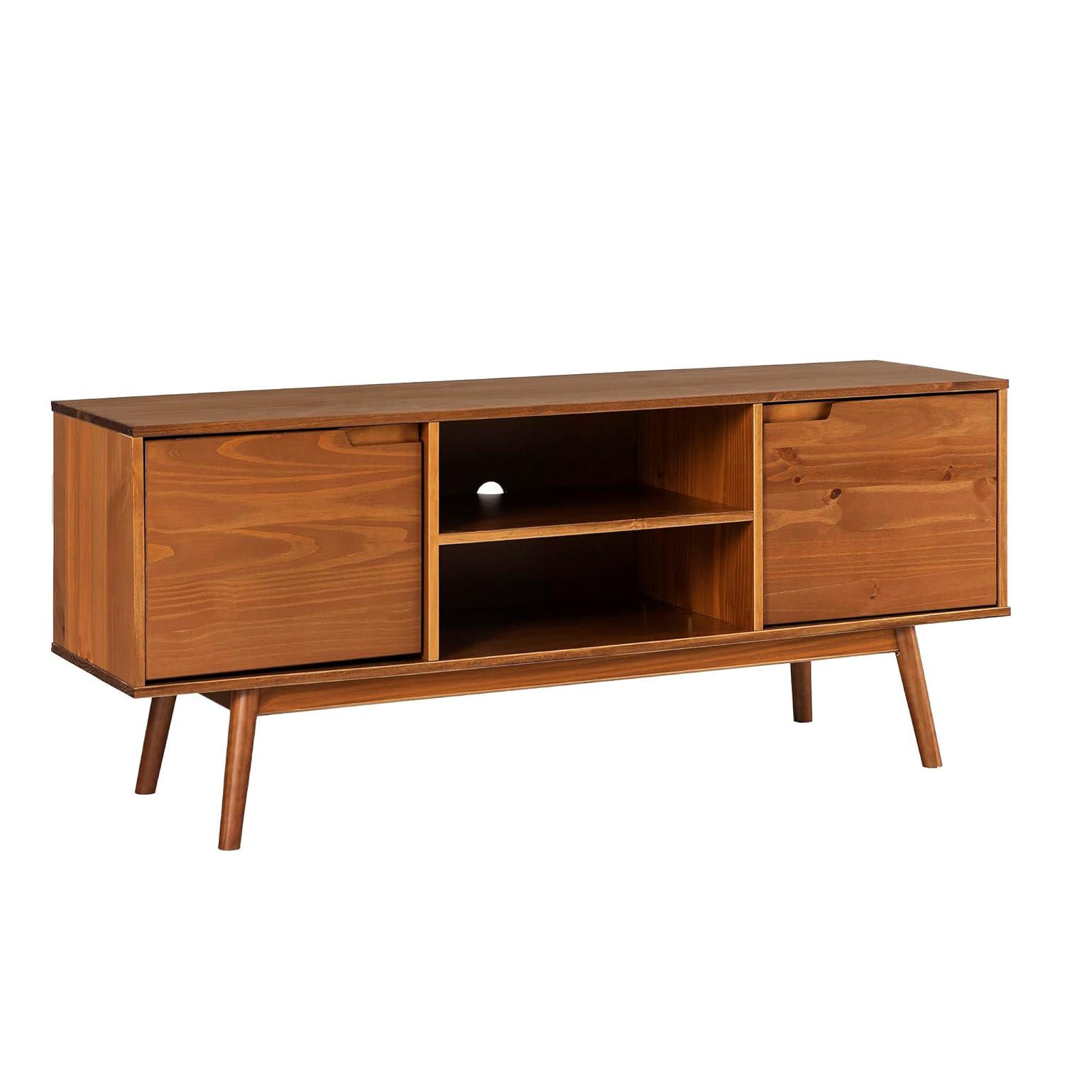Adair 58" 2-Door Solid Pine Wood TV Console with Cutout Handles in Caramel