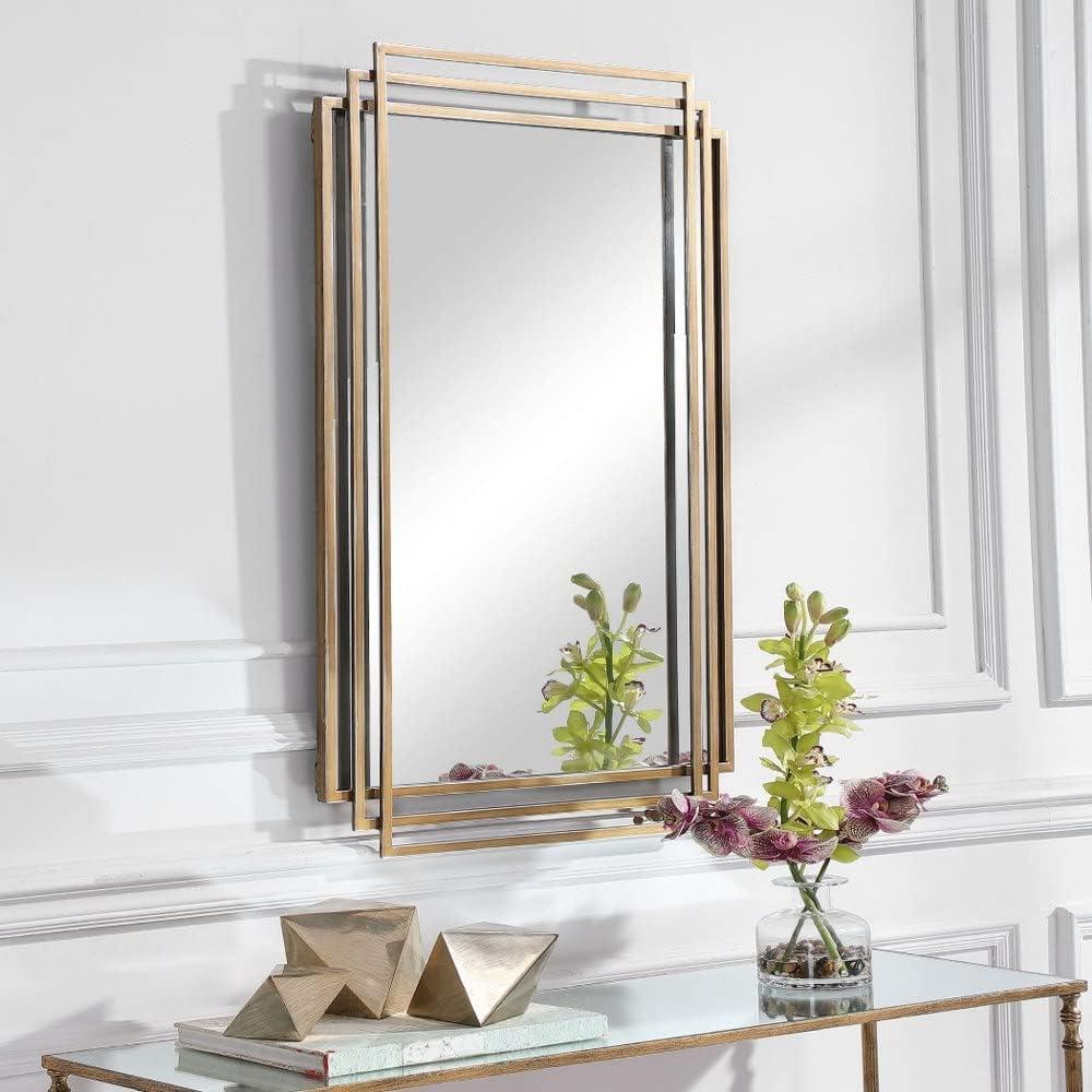 Uttermost Rectangular Vanity Decorative Wall Mirror Modern Distressed Brushed Gold Solid Iron Frame 23 3/4" Wide for Bathroom