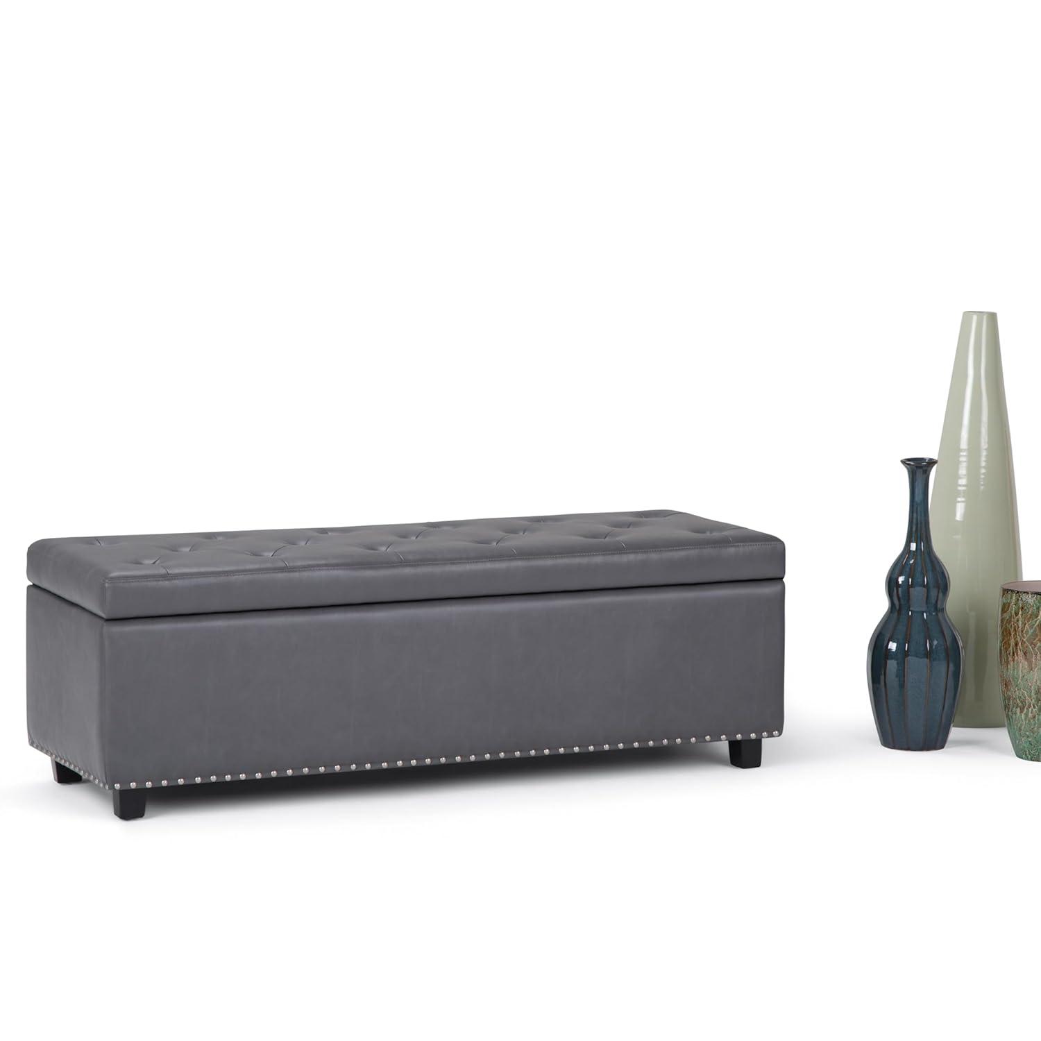 Simpli Home Hamilton 48"W Upholstered Storage Ottoman Bench with Lift-Top Lid, Tufted Design, and Nailhead Trim