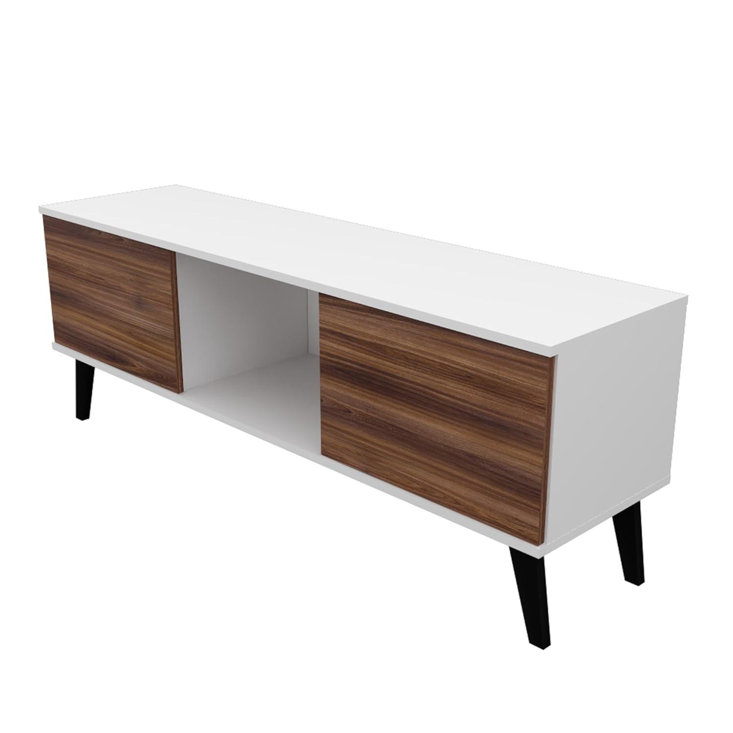 Manhattan Comfort Doyers 53.15" Mid Century TV Stand for Bedroom and Living Room Use, Entertainment Center with Storage, Shelf and Soft Close Doors, Ideal for 50 Inch Screens, White/Nut Brown