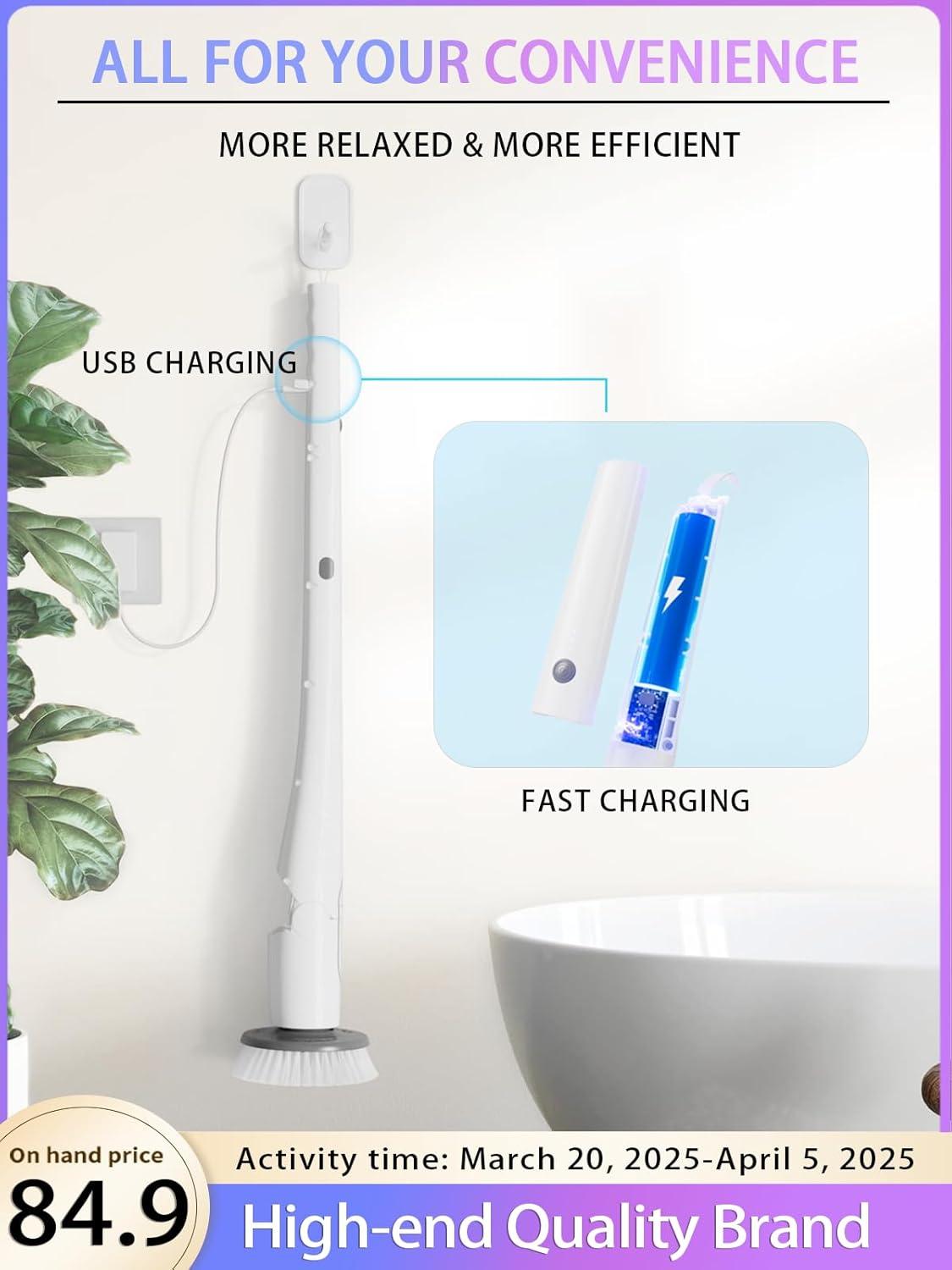 Tilswall Cordless Electric Spin Scrubber - IPX7 Waterproof Cleaning Brush with 180Min Runtime & 43" Extendable Handle, Ideal Gift for Home/Bathroom/Car (Includes 4 Brush Heads)