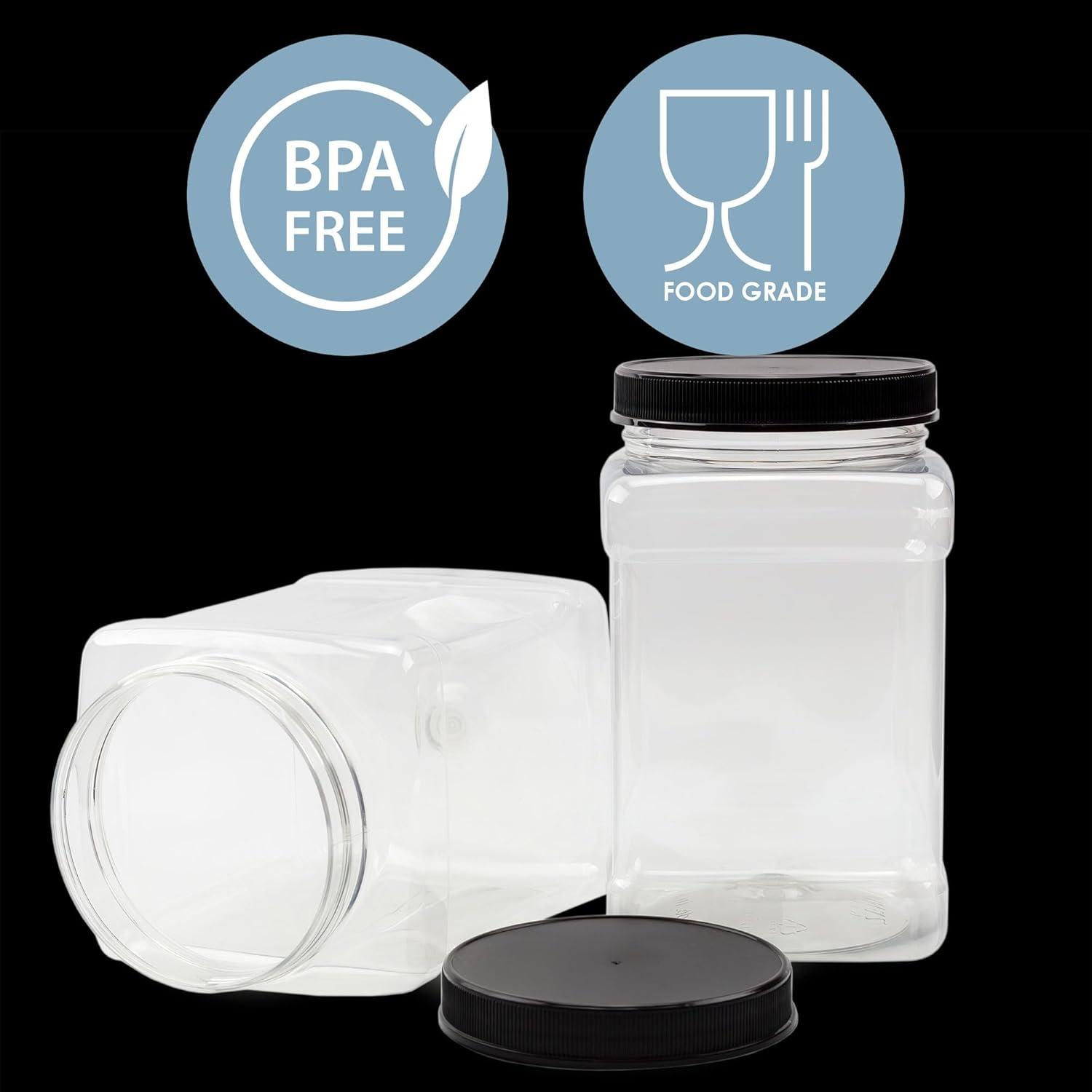 Cornucopia Brands 48oz Square Plastic Jars 3pk; Clear Rectangular 6-Cup Canisters w/ Black Lids, Easy-Grip Side