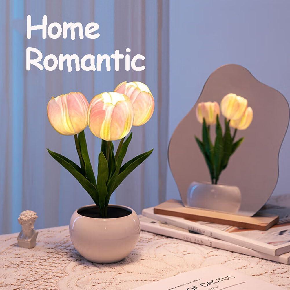 Flower Table Lamp Tulip Desk LED Night Light Heads Artificial Flower Lamp Small Desk Decor Lamp Desk Tablefor Bedroom Bedside Lamp Ambient Light Decor (White-USB)