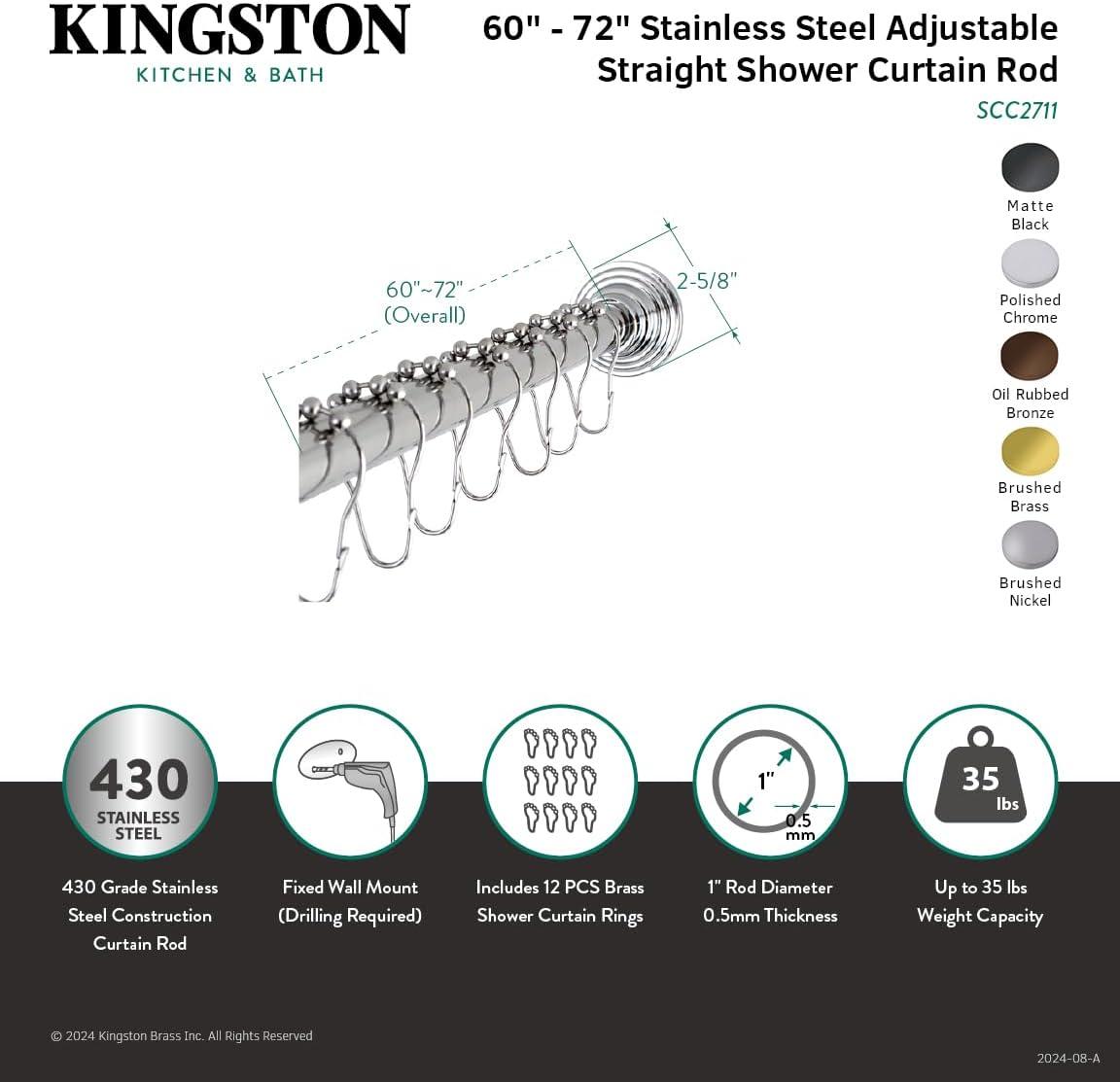 Kingston Brass Edenscape 60-Inch to 72-Inch Adjustable Shower Curtain Rod with Rings