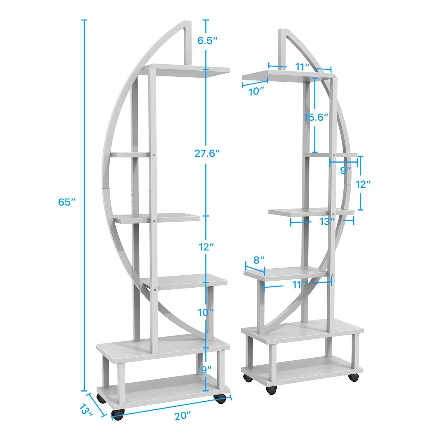 2 Pcs 6 Tier Tall Metal Indoor Plant Stand with Detachable Wheels, Plant Shelf Holder for Outdoor Clearance with Hanging Loop, Half-Moon-Shaped Multi-Purpose Plant Stands for Home Decor, Balcony,