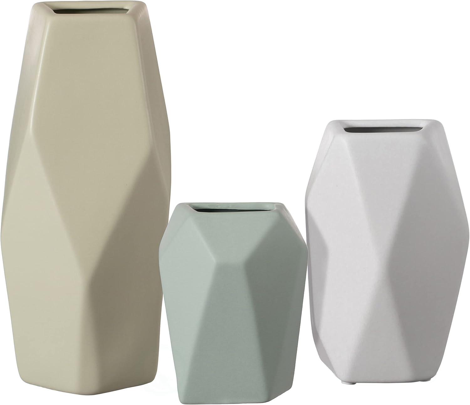 Uniquewise Decorative Ceramic Multi Paned Vase, Modern Style Centerpiece Table Vase Set of 3, Beige Large, White Medium, And Green Small