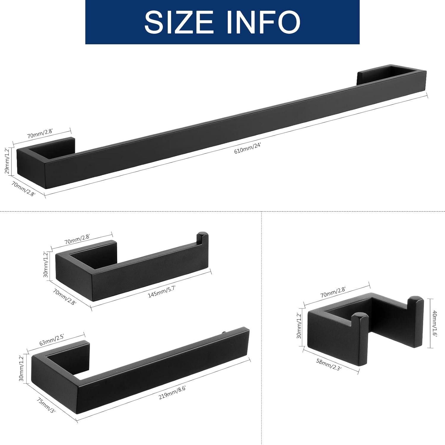 TNOMS 4 Pieces Bathroom Hardware Accessories Set Black Towel Bar Towel Holder Robe Hook Toilet Paper Holder Stainless Steel,Q8-P4BK