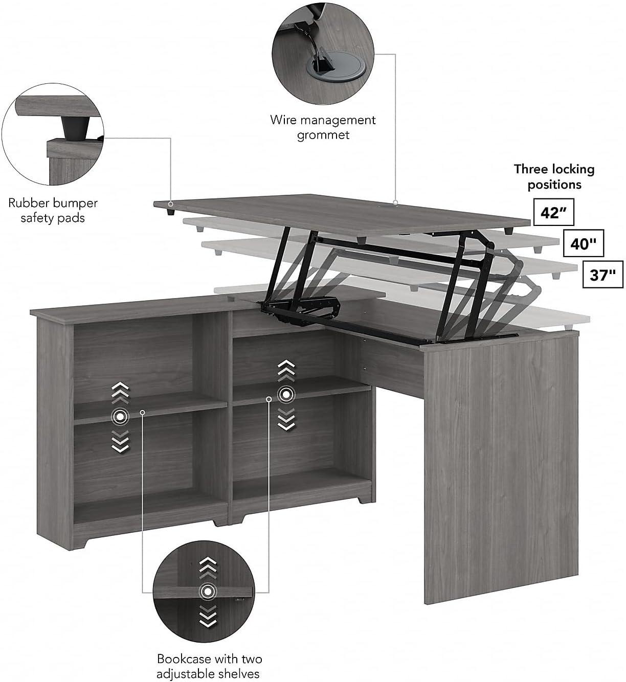 Bush Furniture Cabot 52W 3 Position Sit to Stand Corner Desk with Shelves, Modern Gray