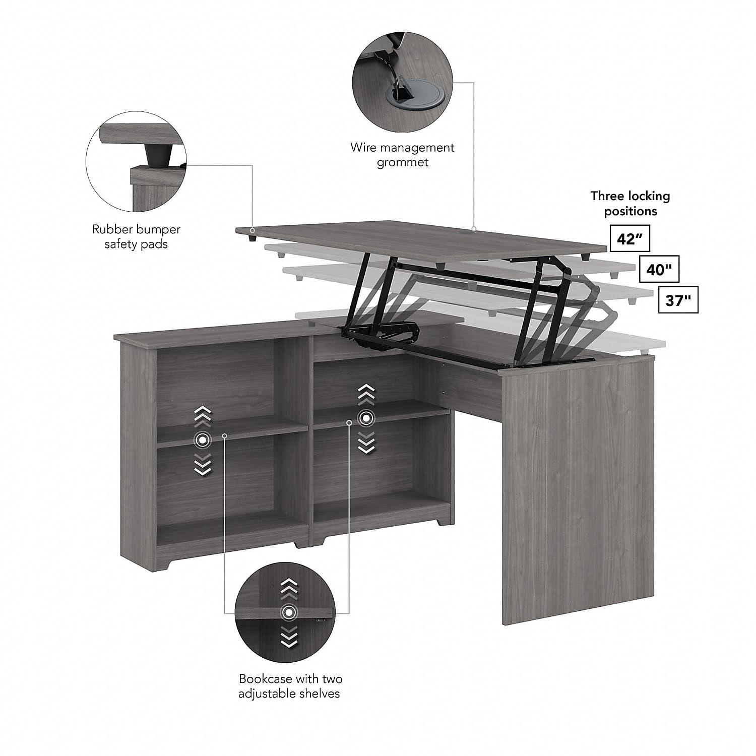 Bush Furniture Cabot 52W 3 Position Sit to Stand Corner Desk with Shelves, Modern Gray