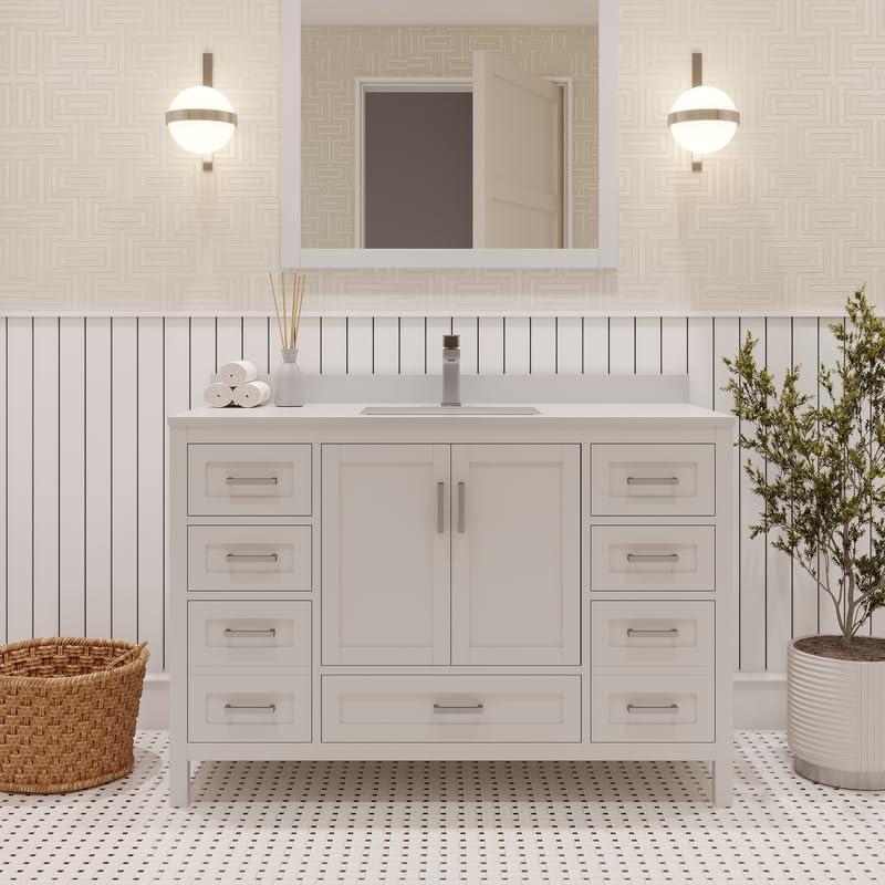 Ayna Decors Rooh 24 in White Bathroom Vanity Set with White Quartz Countertop | Ceramic Sink | 2 Soft Closing Doors | 1 Full Extention Soft Close Drawer | Brushed Nickel Hardware | AVR24WH3002