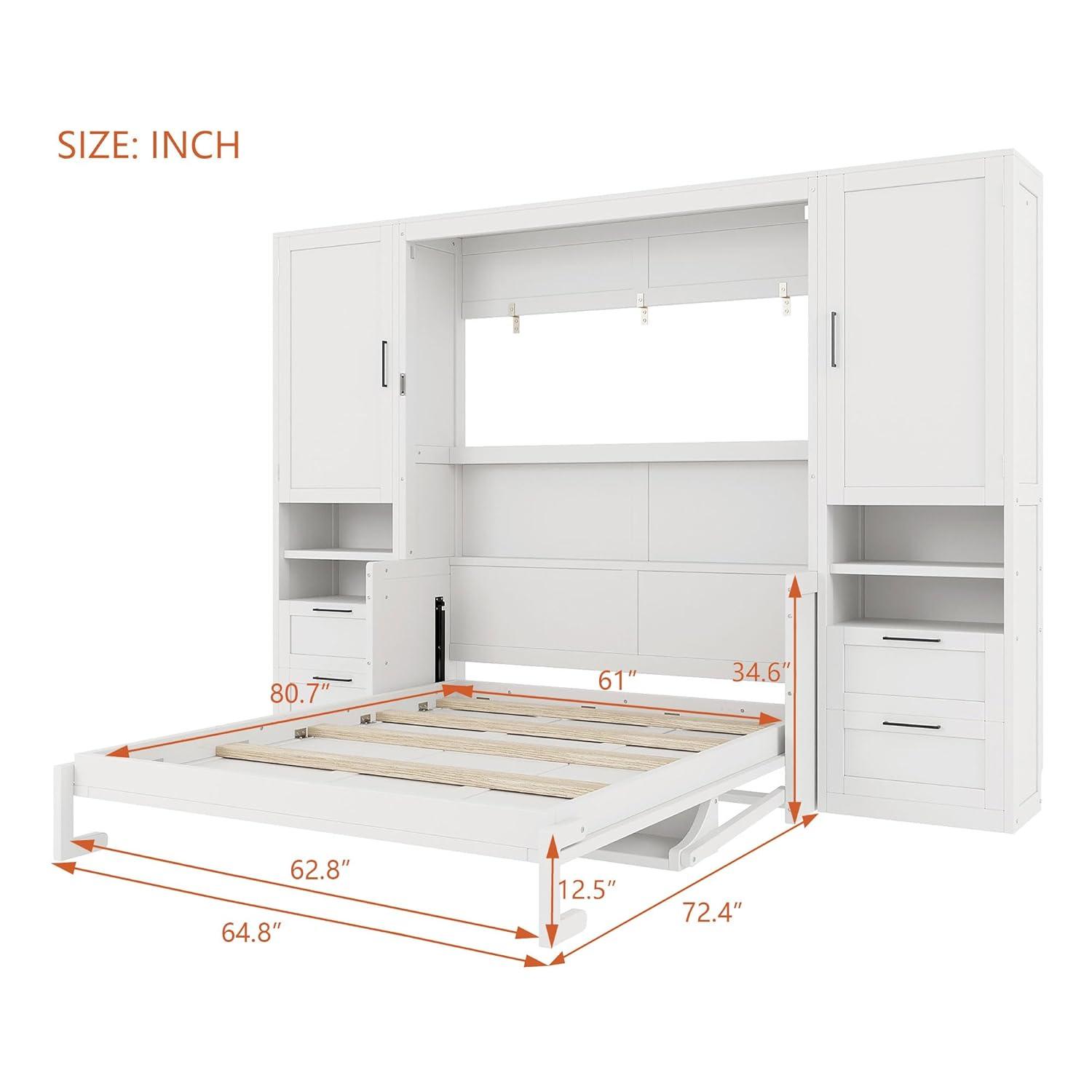 Harper & Bright Designs Queen Size Murphy Bed, Wooden Queen Wall Bed with Closet, Drawers and Shelves, White
