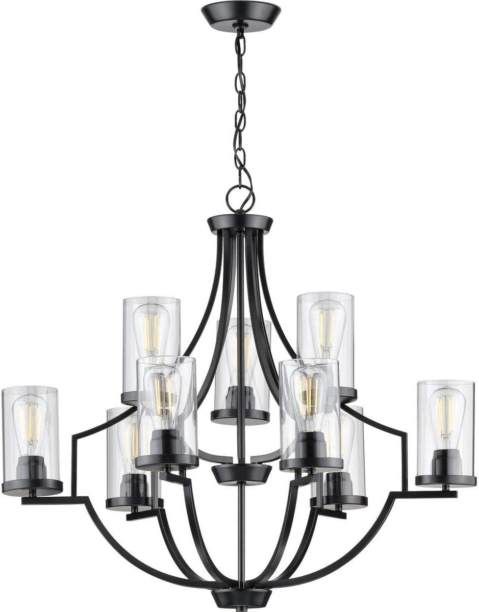 Progress Lighting, Lassiter Collection, 9-Light Chandelier, Matte Black, Clear Glass Shades