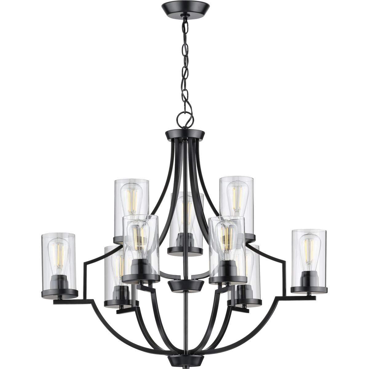 Progress Lighting, Lassiter Collection, 9-Light Chandelier, Matte Black, Clear Glass Shades