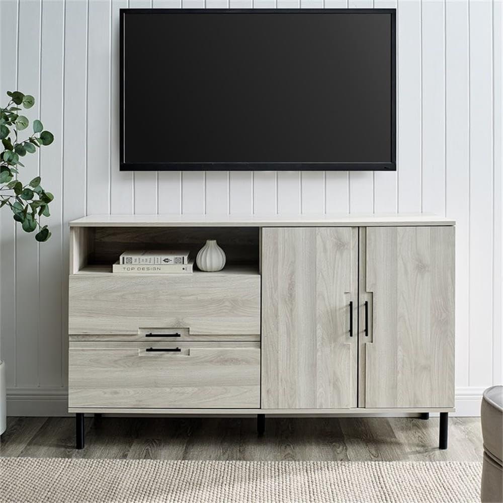 Walker Edison Modern Detailed Cabinet Door and 2 Drawer Storage-Sideboard-Buffet, 56, Birch
