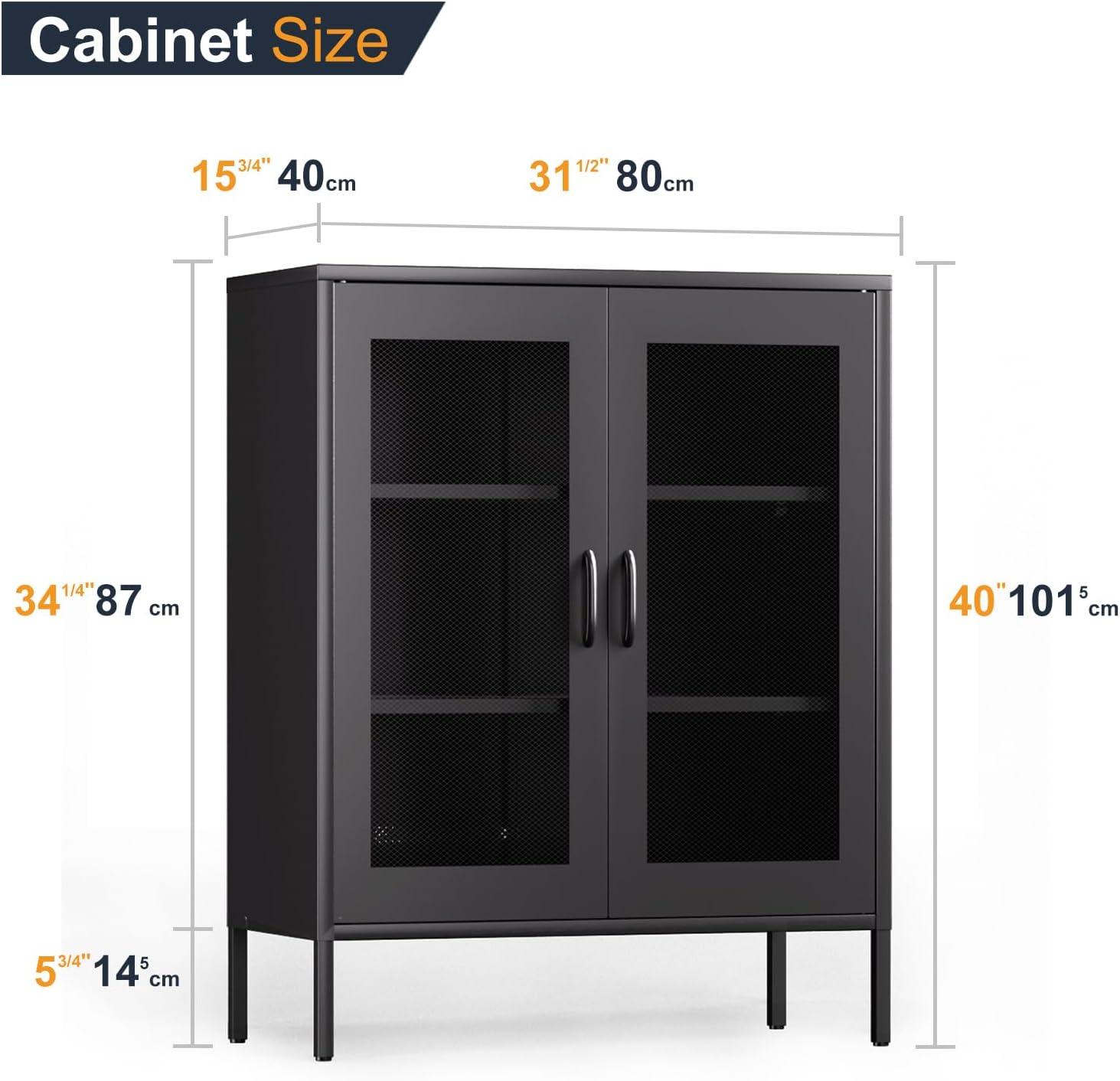SONGMICS Metal Storage Cabinet with Mesh Doors, Steel Display Cabinets with Adjustable Shelves for Bathroom Home Office, Black