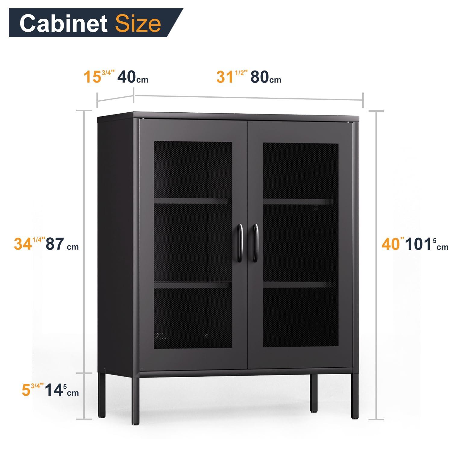 SONGMICS Metal Storage Cabinet with Mesh Doors, Steel Display Cabinets with Adjustable Shelves for Bathroom Home Office, Black