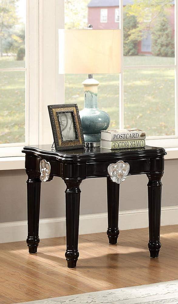 Wooden End Table With Contrast Carved Motif Turned Legs Black - Saltoro Sherpi