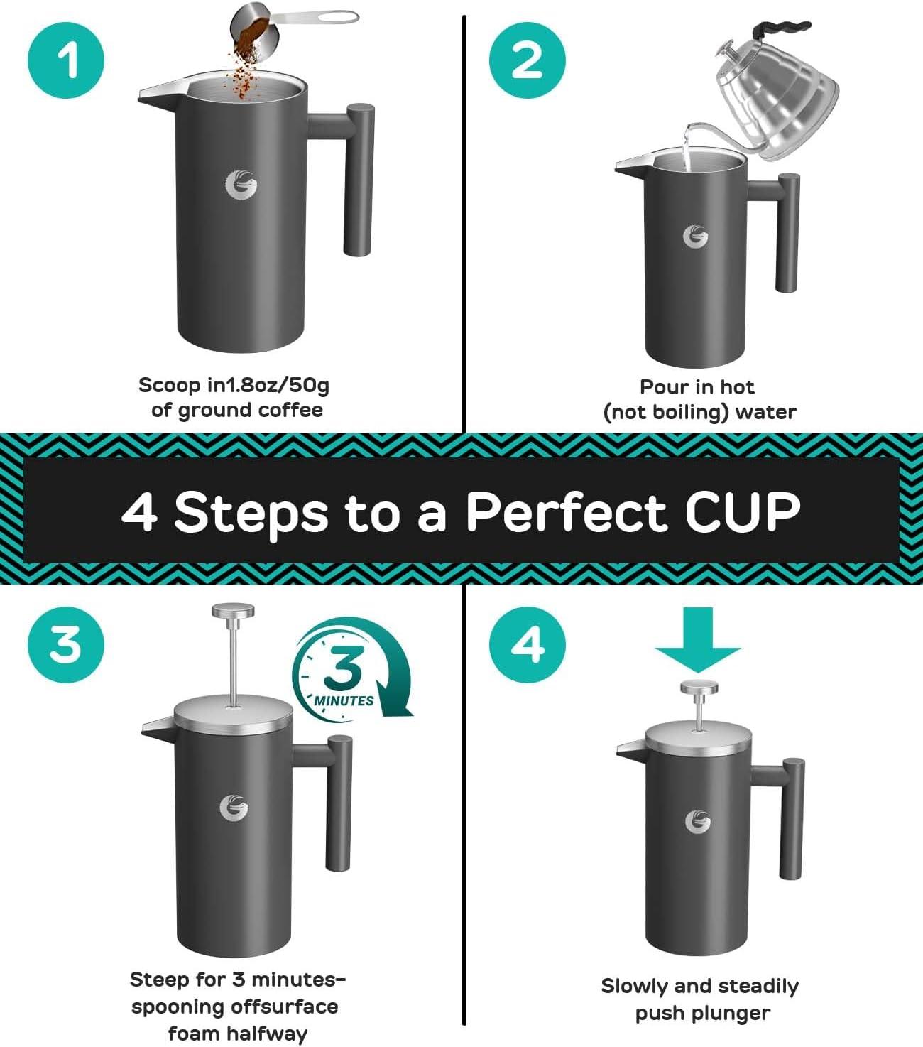 Gray Stainless Steel Thermal French Press Coffee Maker with Travel Jar