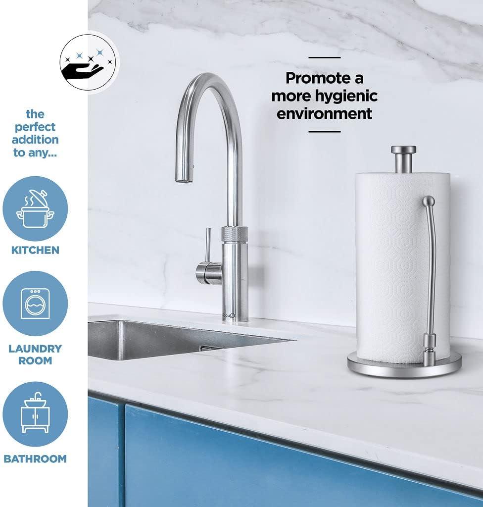 Washranp Paper Towel Holderwith Spray Bottle,Stainless Steel Easy to Tear Paper Towel Dispenser Weighted Base Adjustable Spring Arm to Hold Any Type of Paper Towels