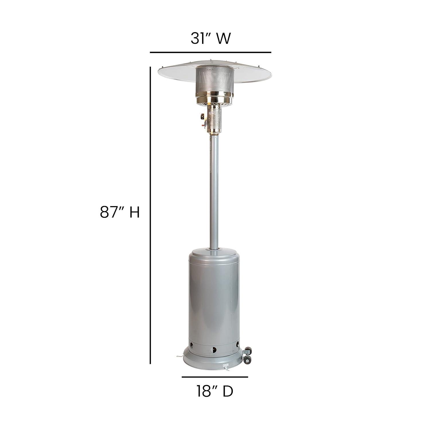 Flash Furniture Patio Outdoor Heating-Silver Stainless Steel 40,000 BTU Propane Heater with Wheels for Commercial & Residential Use-7.5 Feet Tall