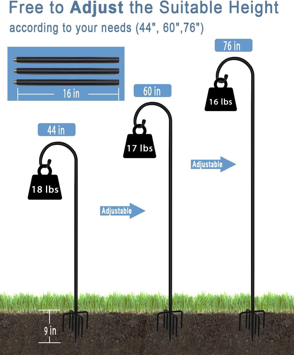 76 inch Outdoor Shepherd Hook with 5 Prong Base (2 Packs), Adjustable Heavy Duty Garden Hanging Stake for Bird Feeder Solar Light Plant Hanger Wedding Decor, Matte Black