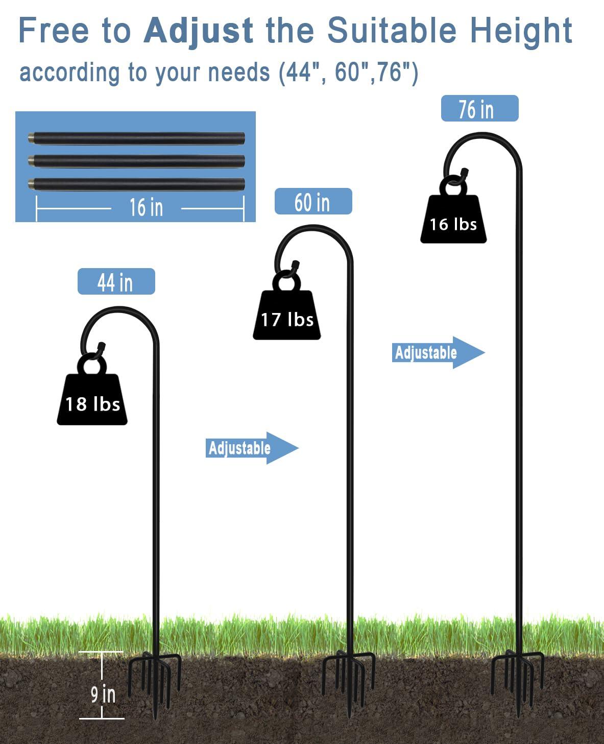 76 inch Outdoor Shepherd Hook with 5 Prong Base (2 Packs), Adjustable Heavy Duty Garden Hanging Stake for Bird Feeder Solar Light Plant Hanger Wedding Decor, Matte Black