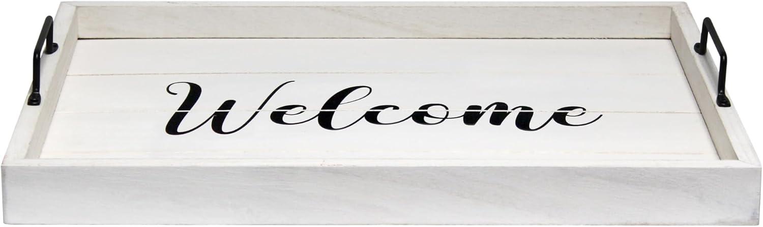 Elegant Designs 15.5" x 12" Decorative Wood Serving Tray, "Welcome", White Wash