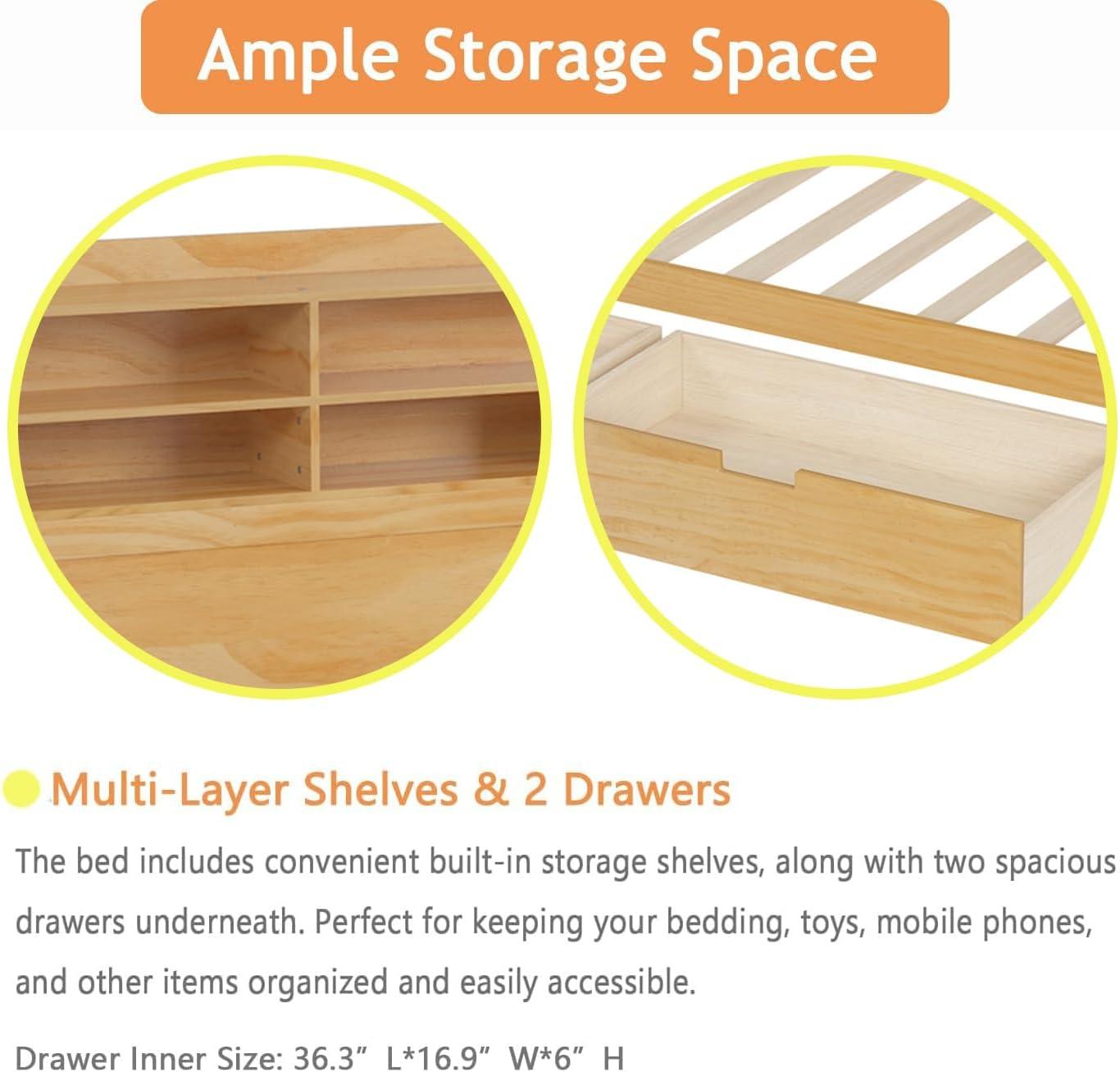 Wooden Daybed with Storage Shelves, Multi-functional Bed with Two Storage Drawers and Study Desk Natural - Full